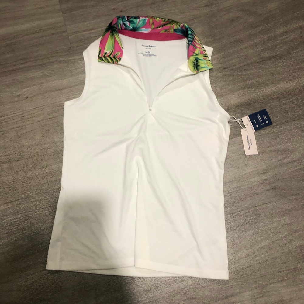 Tommy Bahama White Sleeveless Zip Polo with Pink Tropical Collar M new